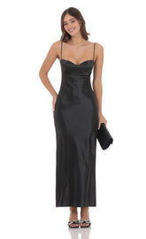 Satin Back Tie Maxi Dress in Black